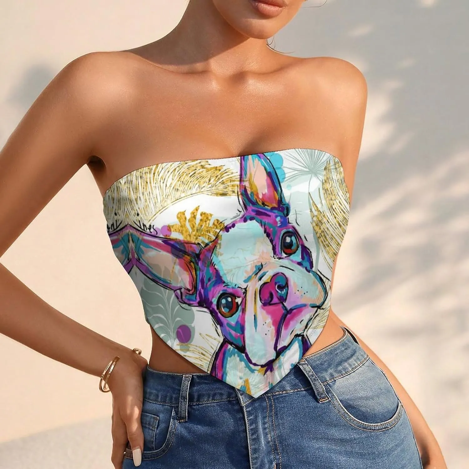 Boston Terriers Funny Strapless Bandeau Tops Basic Crop Tube with Asymmetrical Hem for Women