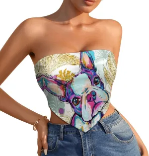 Boston Terriers Funny Strapless Bandeau Tops Basic Crop Tube with Asymmetrical Hem for Women