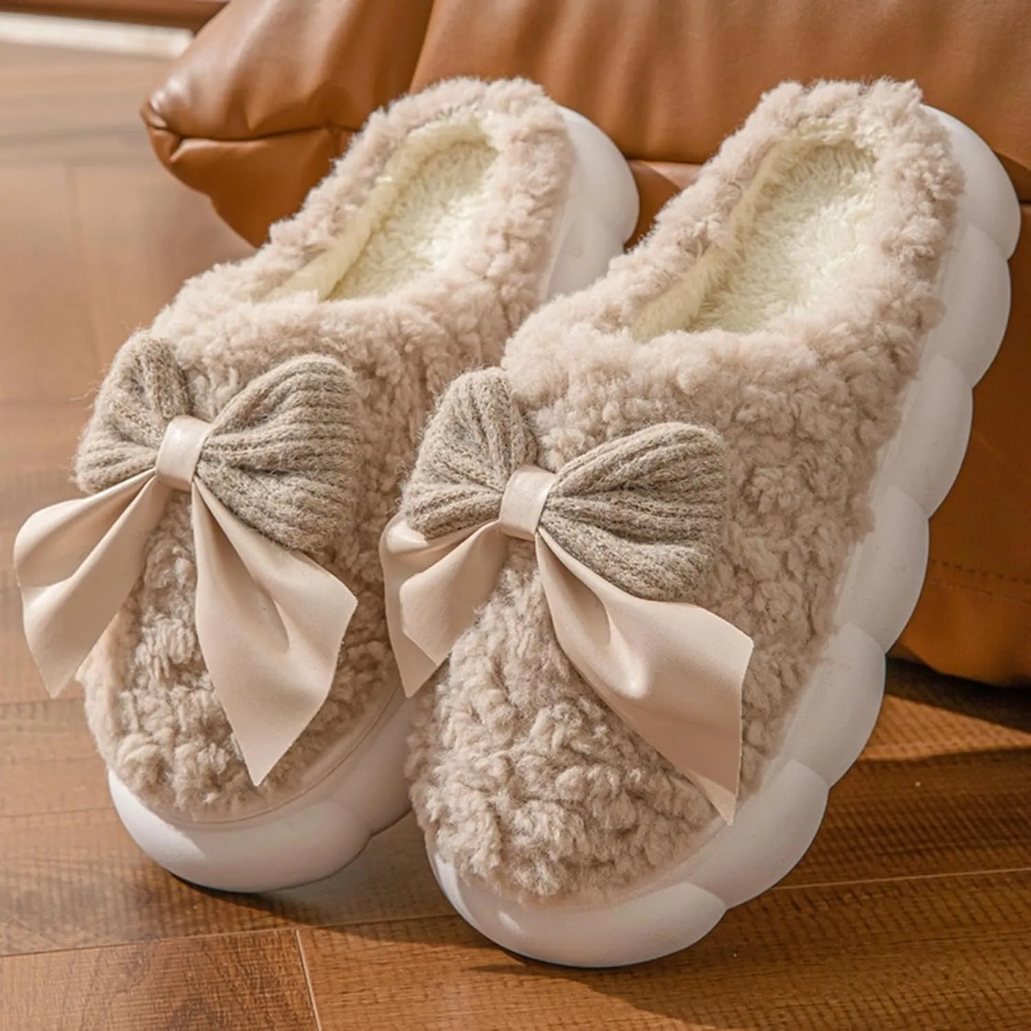 Bow Tie Slippers Cozy Soft Plush Slippers for Womens Lightweight Thick Sole Slippers Winter House Warm Slippers Shoes Indoor Non Slip Home Slippers Ladies Bedroom Fuzzy Slipper