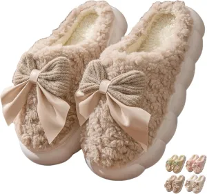 Bow Tie Slippers Cozy Soft Plush Slippers for Womens Lightweight Thick Sole Slippers Winter House Warm Slippers Shoes Indoor Non Slip Home Slippers Ladies Bedroom Fuzzy Slipper