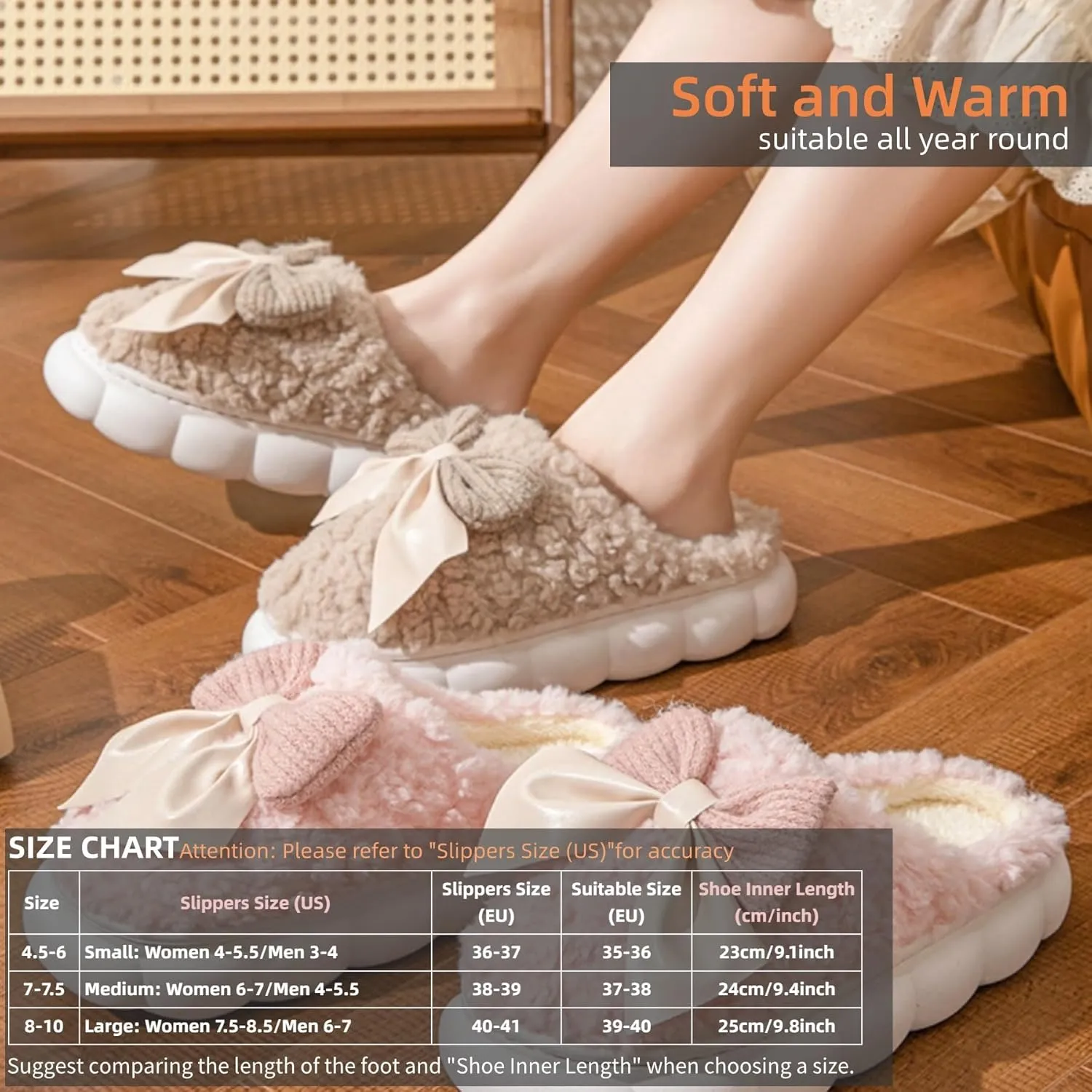 Bow Tie Slippers Cozy Soft Plush Slippers for Womens Lightweight Thick Sole Slippers Winter House Warm Slippers Shoes Indoor Non Slip Home Slippers Ladies Bedroom Fuzzy Slipper