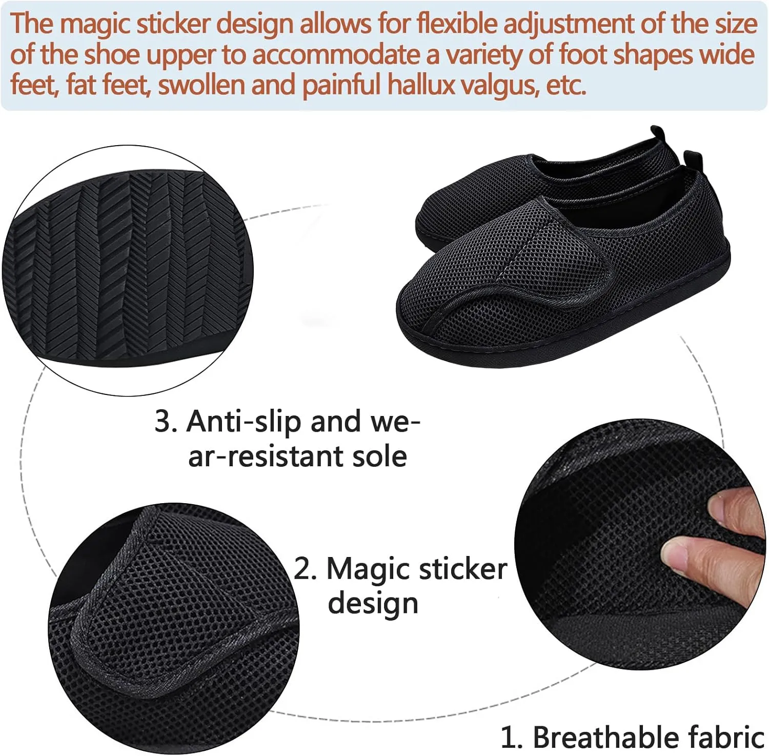 Breathable Diabetic Shoes,Edema Footwear,Suitable for Patients with Swollen Feet After Injury Bandage Fracture Surgery,Magic Stickers Adjustable,Wide Slippers for Men or Women