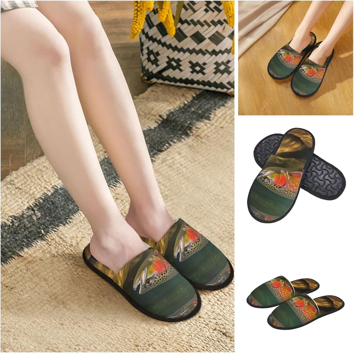 Brook Trout Fly Fishing Women's Fuzzy Slippers Slip-on Slipper Soft Comfy Bedroom Slippers Non-slip House Shoes