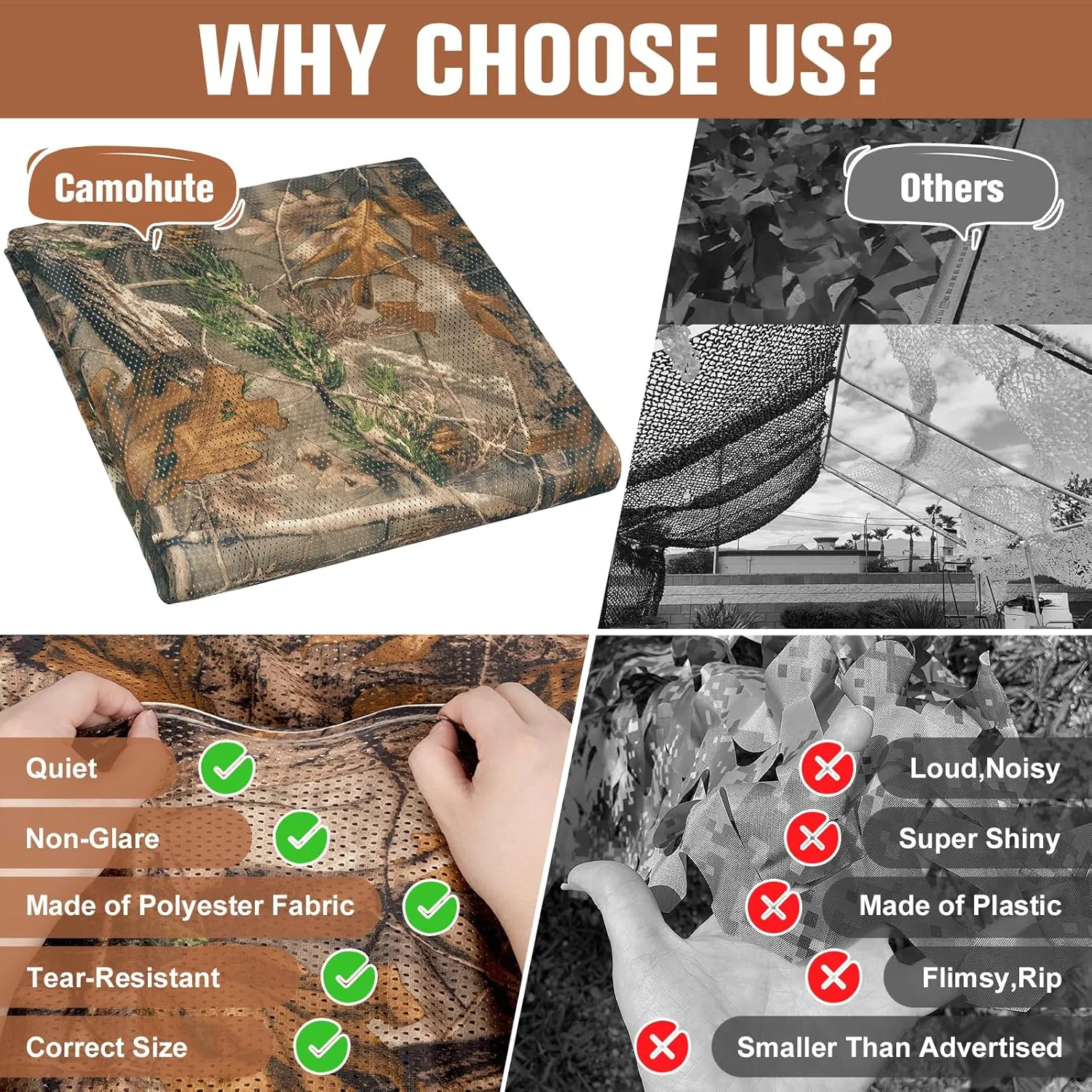 Camo Netting, Camouflage Netting, Quiet Mesh Sunshade, Fence Canopy Nets, See Through, Lightweight, Great for Concealment, Hunting, Shooting, Tree Stand, Car Cover, Photography, Decoration