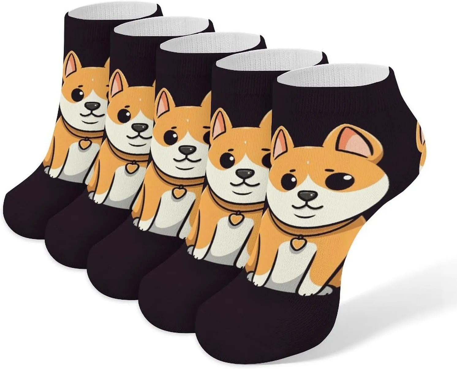 Cartoon Shiba Inu Ankle Socks for Men & Women, 5 Pairs Breathable Soft Low Cut Socks, Stretch Sweat Wicking Sox