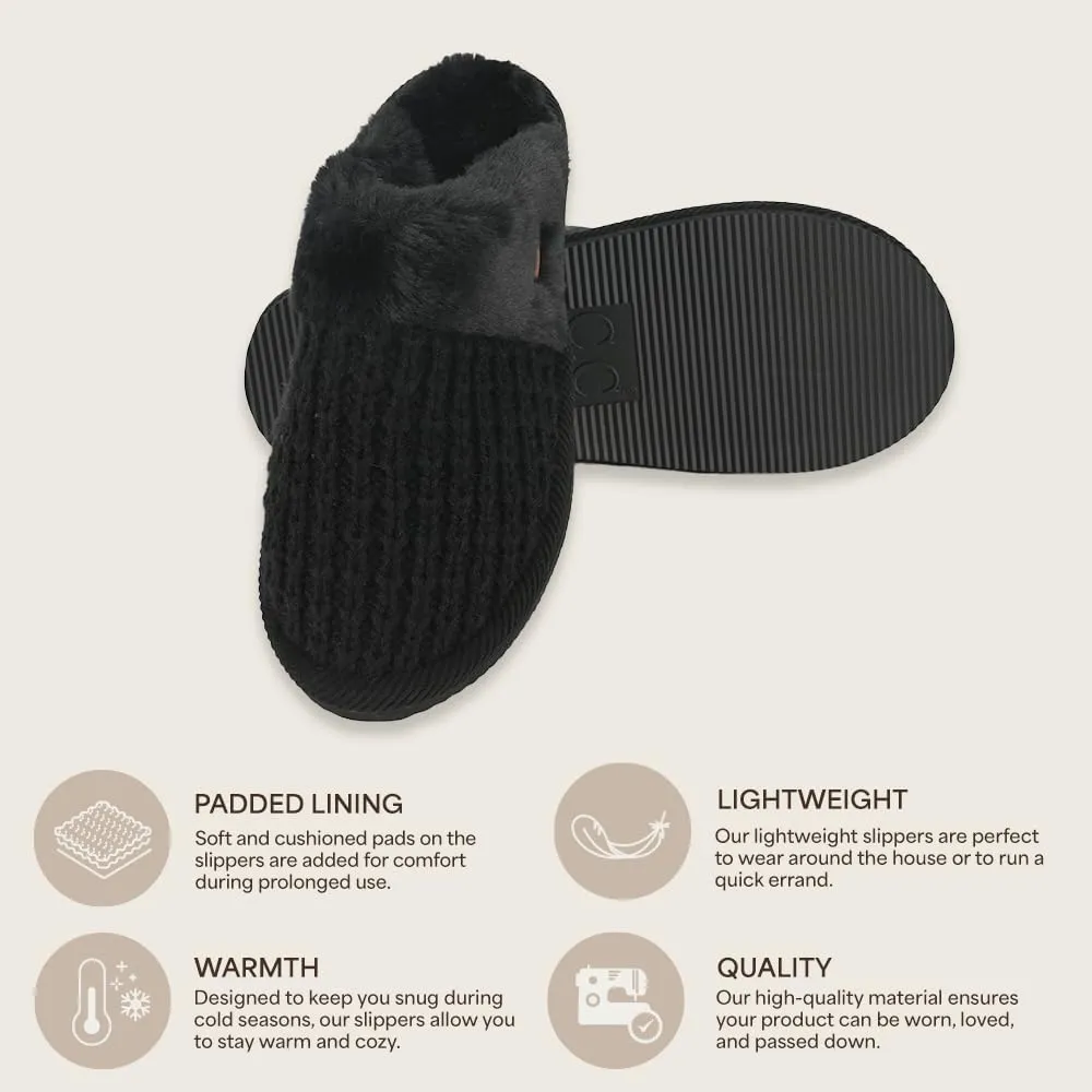 C.C Pattern Knitted Slip-On Slippers With Faux Fur Lining Indoor-Outdoor House For Women