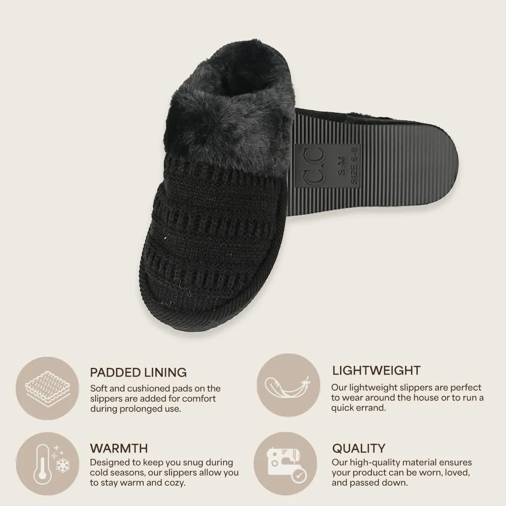 C.C Pattern Knitted Slip-On Slippers With Faux Fur Lining Indoor-Outdoor House For Women