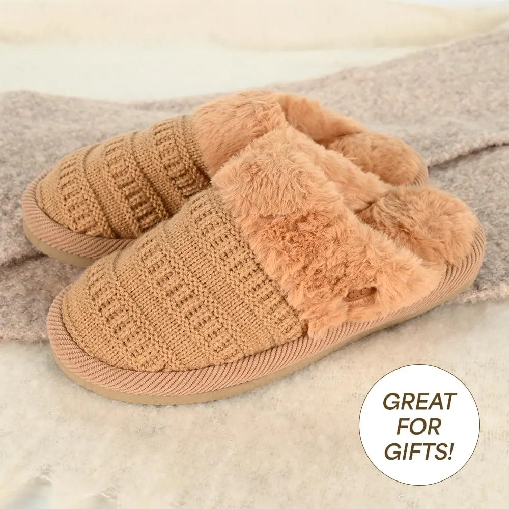 C.C Pattern Knitted Slip-On Slippers With Faux Fur Lining Indoor-Outdoor House For Women