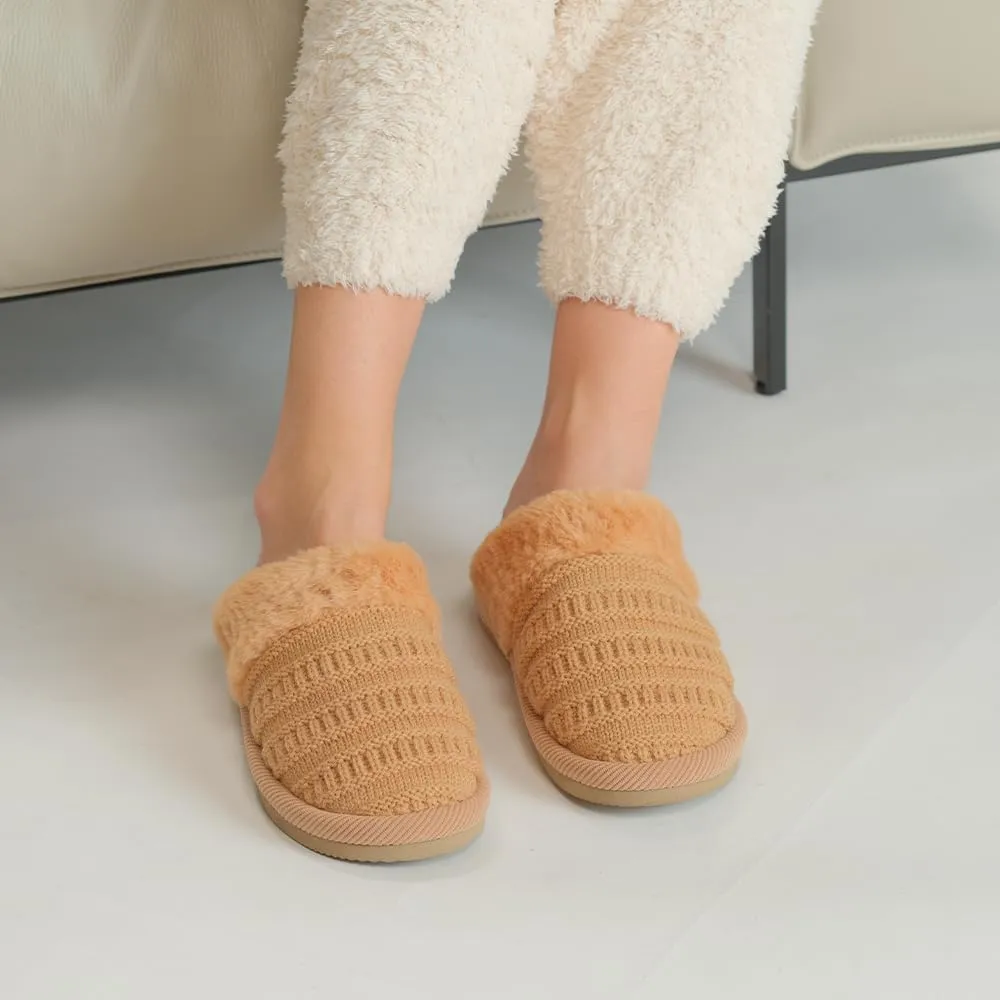 C.C Pattern Knitted Slip-On Slippers With Faux Fur Lining Indoor-Outdoor House For Women