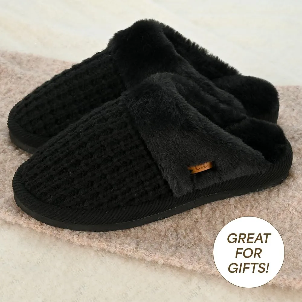 C.C Pattern Knitted Slip-On Slippers With Faux Fur Lining Indoor-Outdoor House For Women
