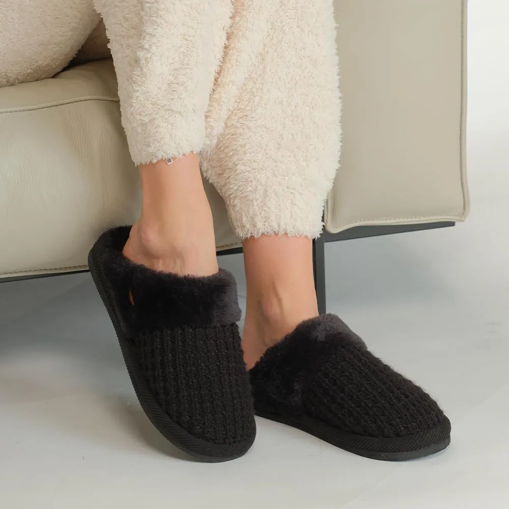 C.C Pattern Knitted Slip-On Slippers With Faux Fur Lining Indoor-Outdoor House For Women