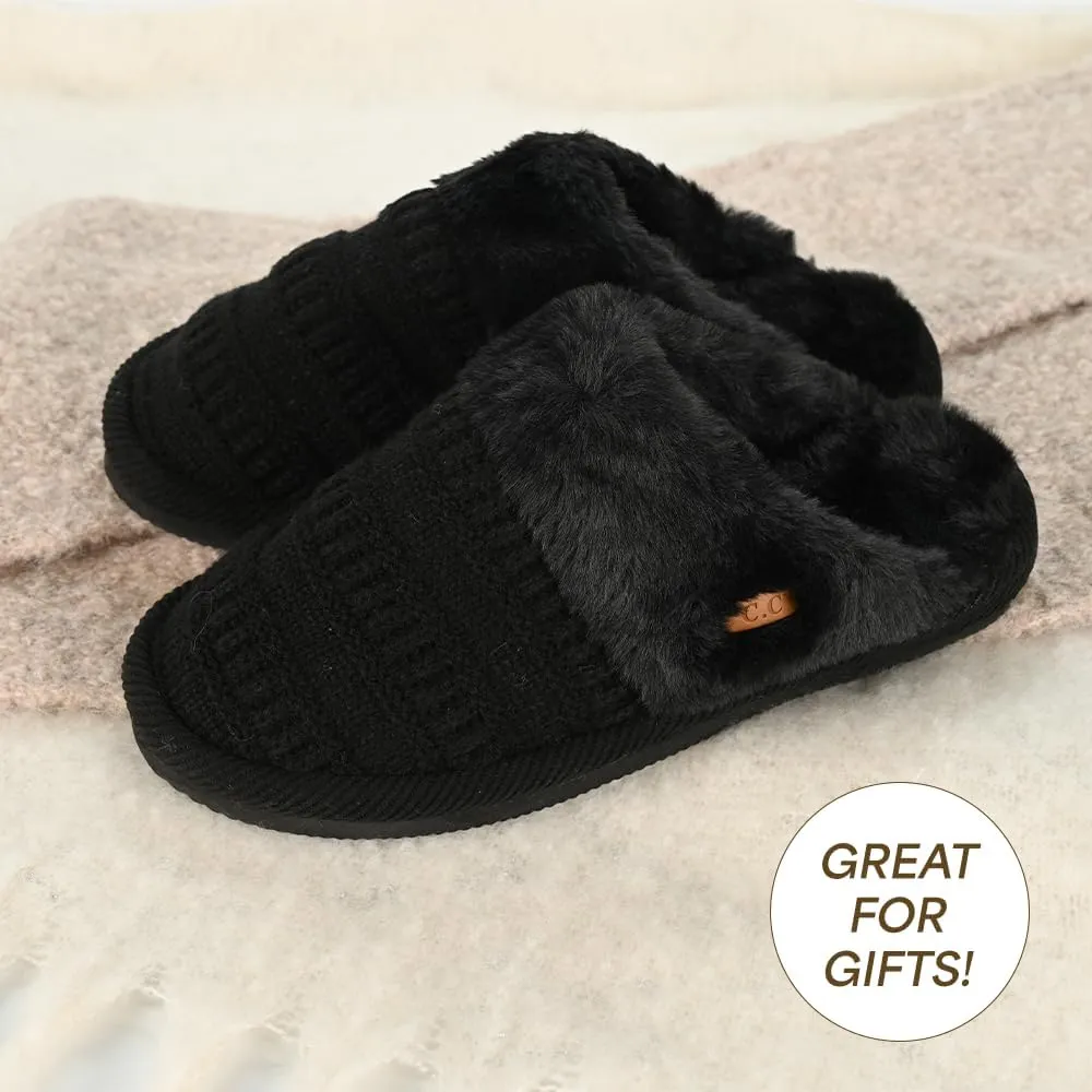 C.C Pattern Knitted Slip-On Slippers With Faux Fur Lining Indoor-Outdoor House For Women
