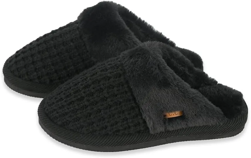 C.C Pattern Knitted Slip-On Slippers With Faux Fur Lining Indoor-Outdoor House For Women