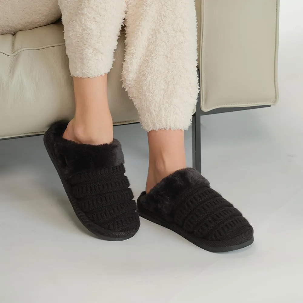 C.C Pattern Knitted Slip-On Slippers With Faux Fur Lining Indoor-Outdoor House For Women