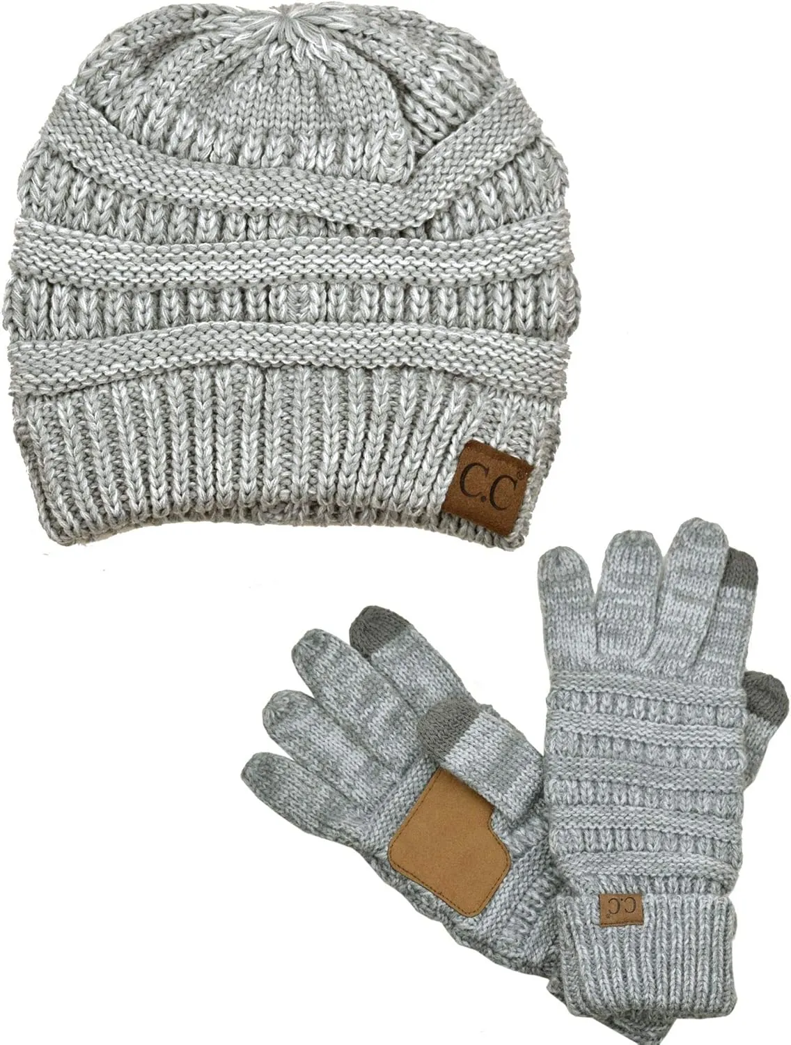 C.C Unisex Soft Stretch Cable Knit Beanie and Anti-Slip Touchscreen Gloves 2 Pc Set 2 Pc Set