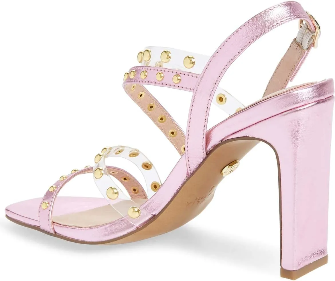 Cecelia New York Vanessa Studded Sandal Black White Gold Open Toe High Pump