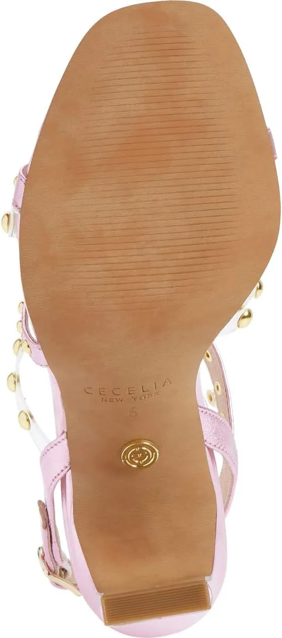 Cecelia New York Vanessa Studded Sandal Black White Gold Open Toe High Pump