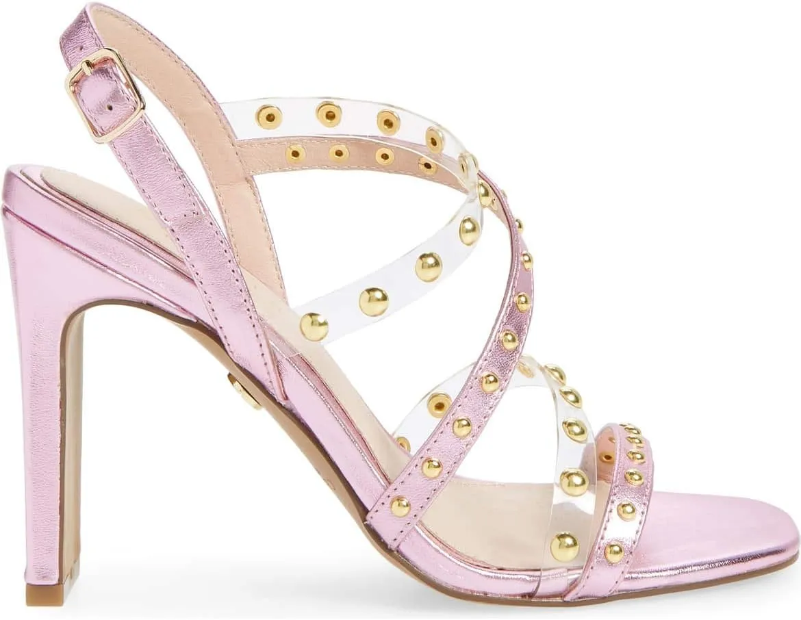 Cecelia New York Vanessa Studded Sandal Black White Gold Open Toe High Pump