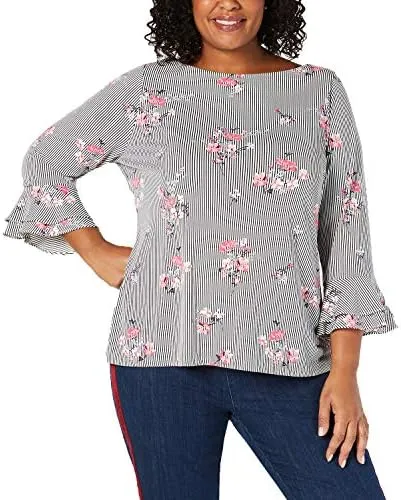 Charter Club Women's Blouse Plus Striped Floral Bell Sleeve Black 1X