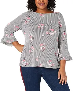Charter Club Women's Blouse Plus Striped Floral Bell Sleeve Black 1X