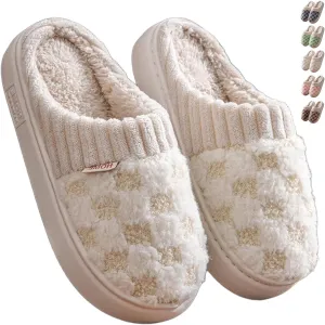 Checkered Plush House Slippers for Women Men, Non-Slip Memory Foam Indoor Slides, Plaid Winter Warm Fuzzy Home Slipper, Cozy Fleece Lined Shoes