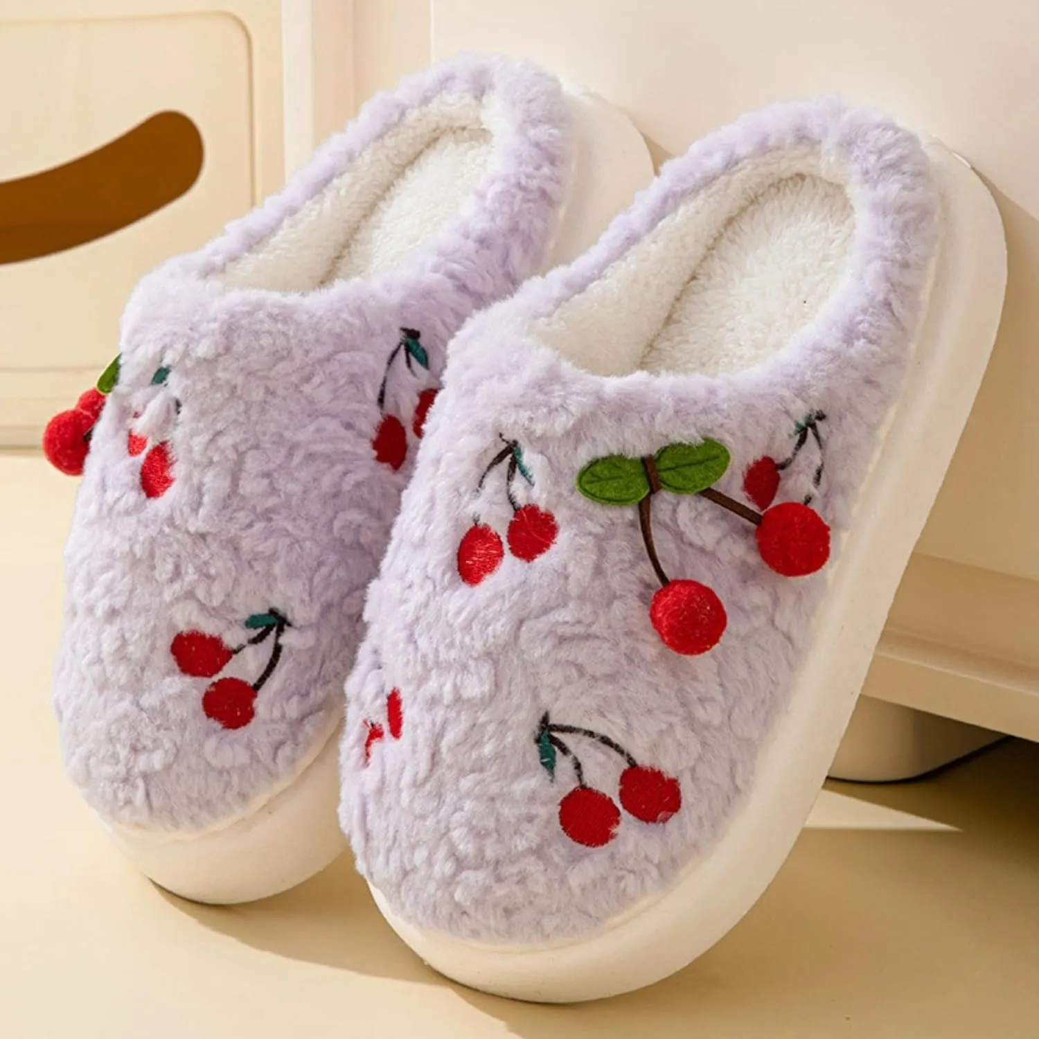 Cherry Slippers for Women Indoor Comfy Winter Warm House Slides Shoes Cute Womens Slippers Fuzzy Plush Slippers Soft Thick Soled Slippers Non Slip Cozy Home Bedroom Slippers