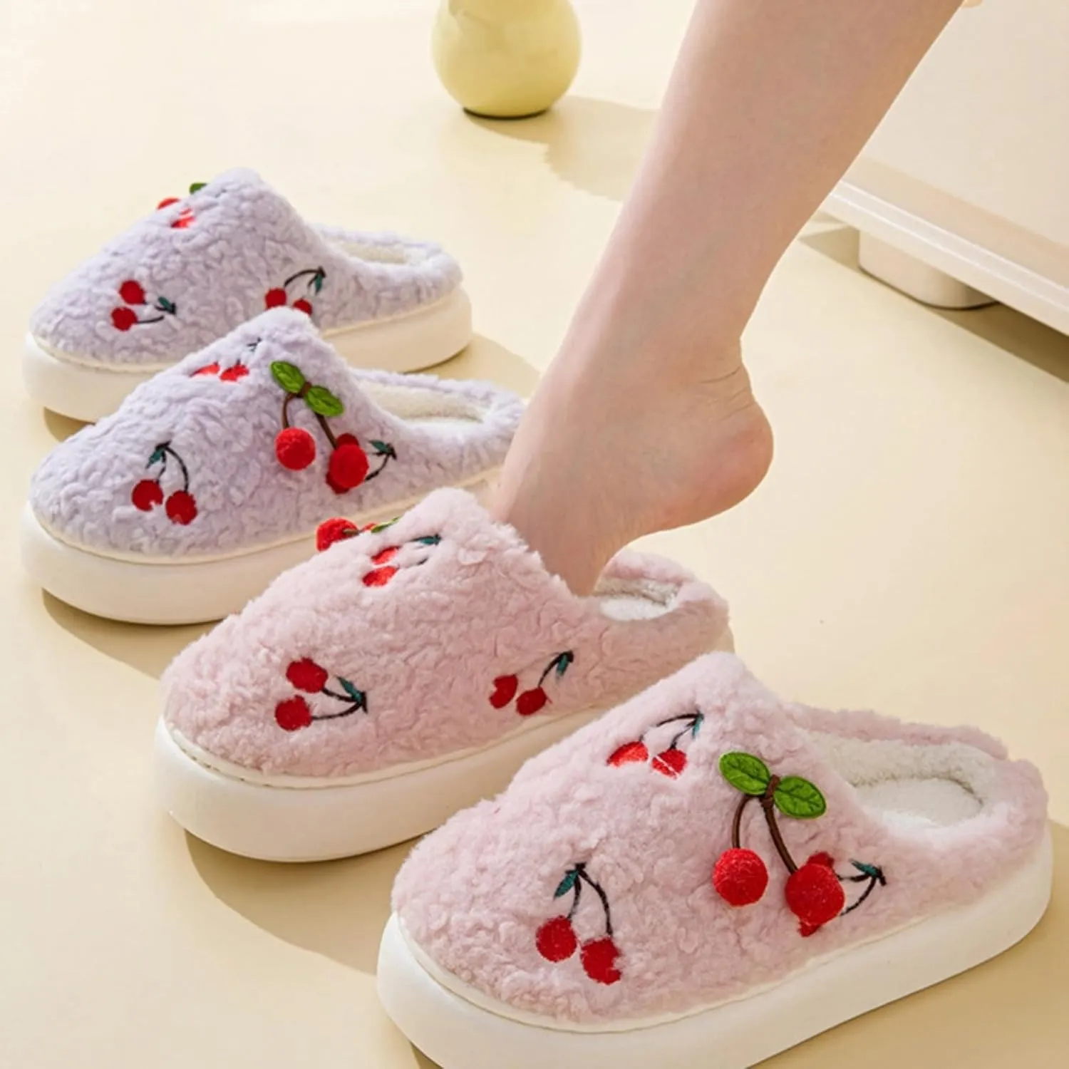 Cherry Slippers for Women Indoor Comfy Winter Warm House Slides Shoes Cute Womens Slippers Fuzzy Plush Slippers Soft Thick Soled Slippers Non Slip Cozy Home Bedroom Slippers