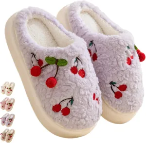 Cherry Slippers for Women Indoor Comfy Winter Warm House Slides Shoes Cute Womens Slippers Fuzzy Plush Slippers Soft Thick Soled Slippers Non Slip Cozy Home Bedroom Slippers