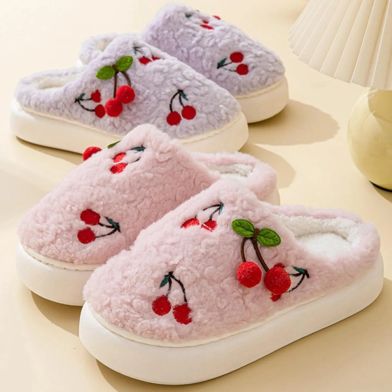 Cherry Slippers for Women Indoor Comfy Winter Warm House Slides Shoes Cute Womens Slippers Fuzzy Plush Slippers Soft Thick Soled Slippers Non Slip Cozy Home Bedroom Slippers