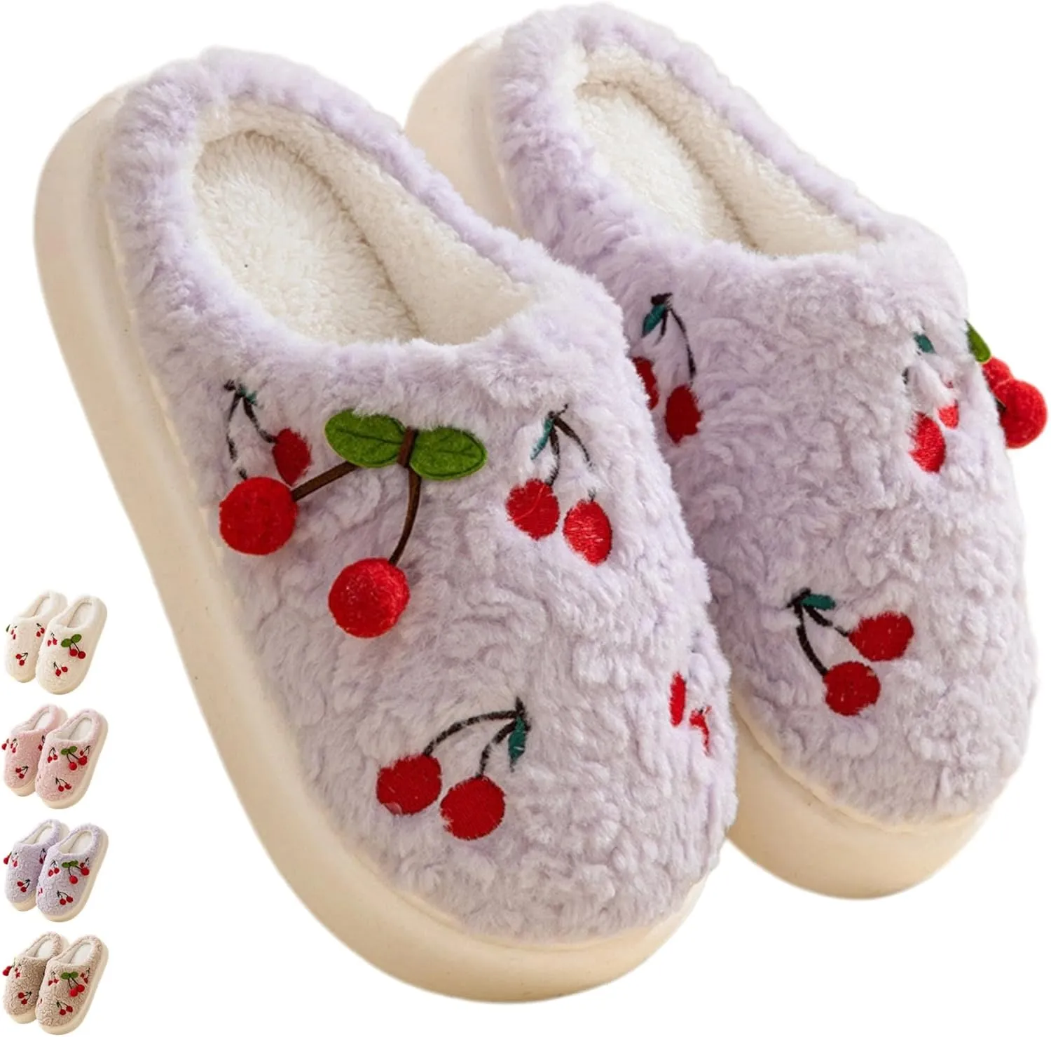 Cherry Slippers for Women Indoor Comfy Winter Warm House Slides Shoes Cute Womens Slippers Fuzzy Plush Slippers Soft Thick Soled Slippers Non Slip Cozy Home Bedroom Slippers