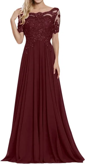 Chiffon Mother of The Bride Dresses Women's Lace Applique Beaded Formal Dresses Short Sleeve Evening Gowns