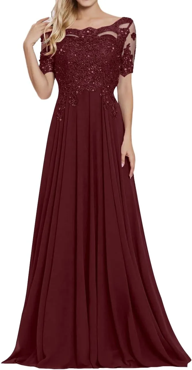 Chiffon Mother of The Bride Dresses Women's Lace Applique Beaded Formal Dresses Short Sleeve Evening Gowns