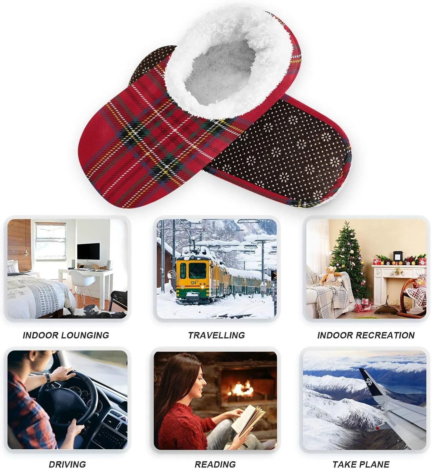 Christmas Red Tartan House Slipper for Women Men, Comfy Slippers Warm Home Bedroom Shoes