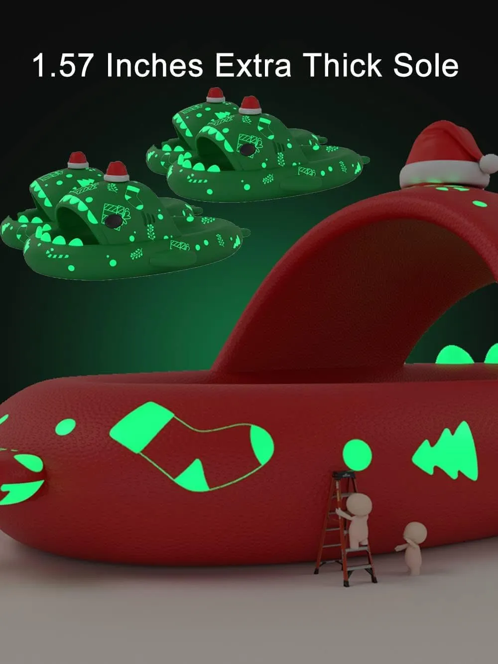 Christmas Shark Slides,Spooky Shark Slides Glow In The Dark For Men Women,Cozy Santa Shark Slides Cloud Shark Slippers