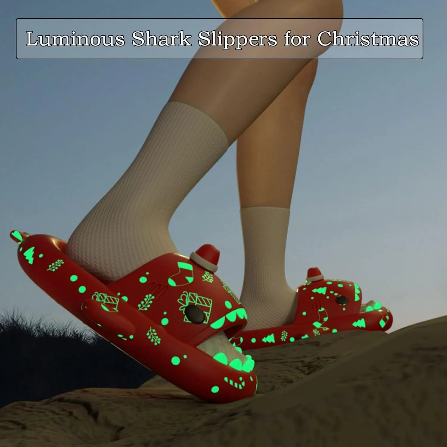 Christmas Shark Slides,Spooky Shark Slides Glow In The Dark For Men Women,Cozy Santa Shark Slides Cloud Shark Slippers