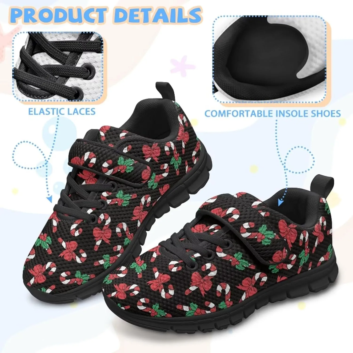 Christmas Sneakers for Girls Slip on Walking Shoes Breathable Lightweight Athletic Shoes with Hook and Loops