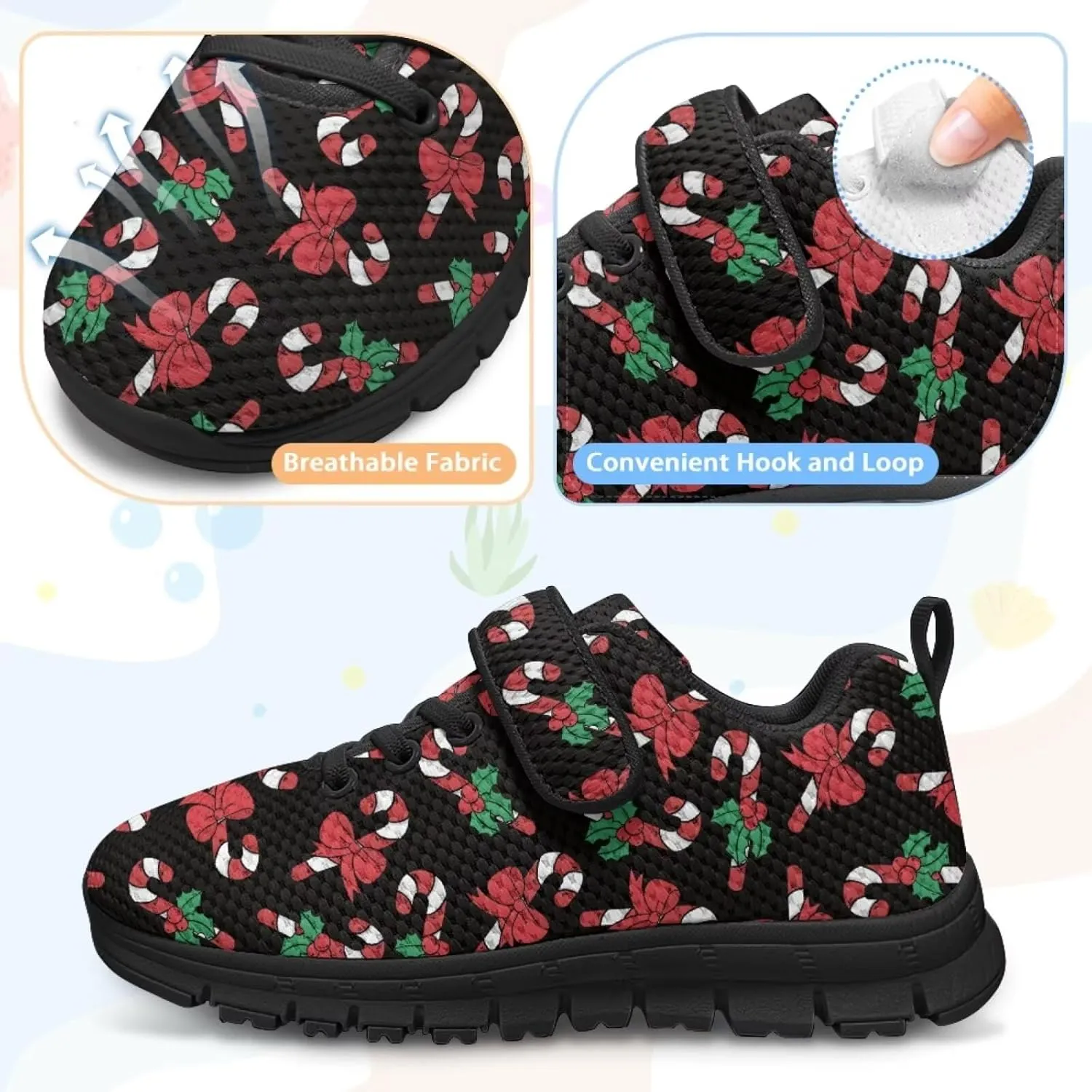 Christmas Sneakers for Girls Slip on Walking Shoes Breathable Lightweight Athletic Shoes with Hook and Loops