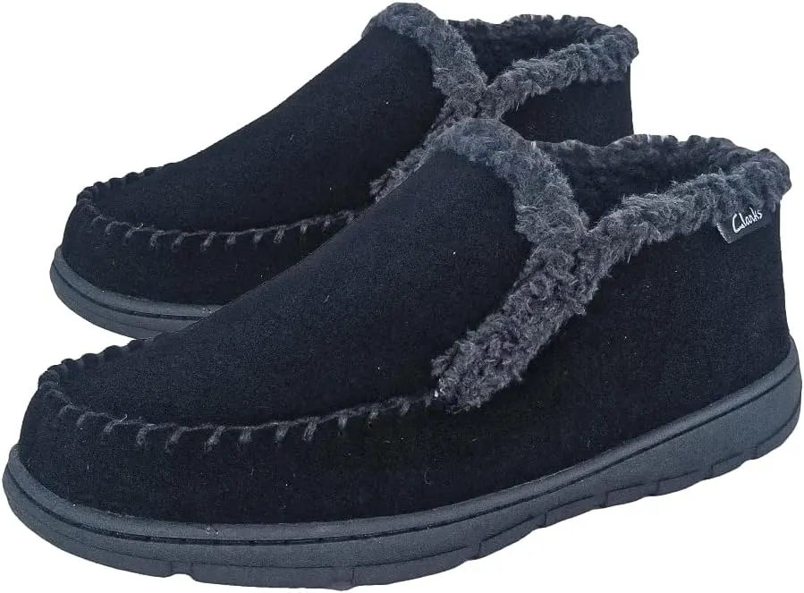 Clarks Men's Suede Leather Sherpa Lined Ankle Bootie Slippers, JMH1952- Indoor/Outdoor Slip-Ons - Comfy & Durable Ankle Boots with Plush Lining Padded Insole & Gripped Rubber Outsoles (10 M US, Black)