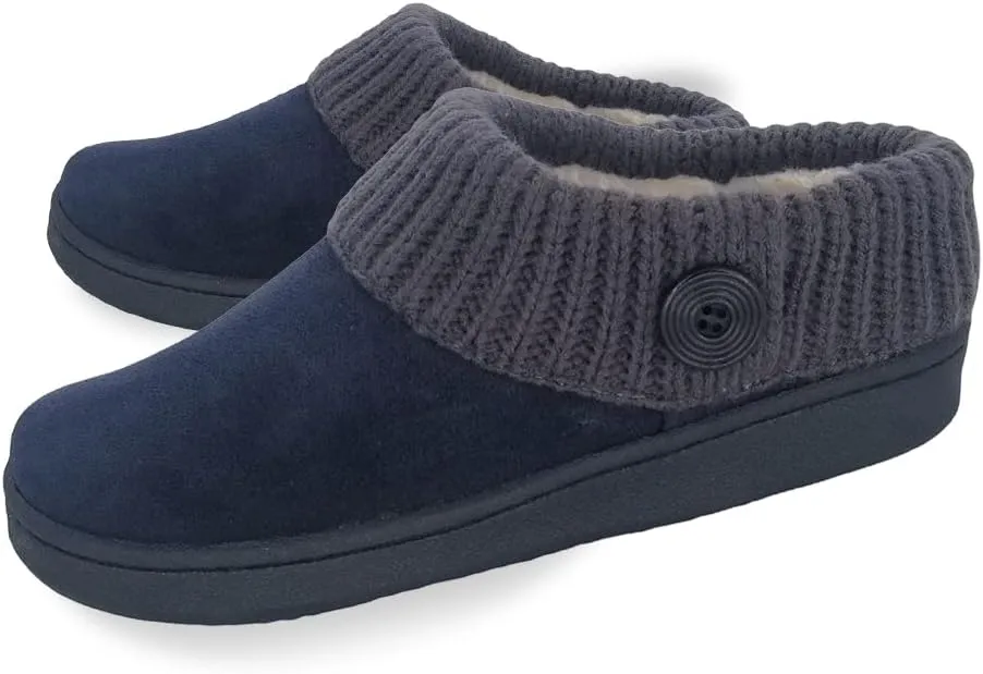 Clarks Womens Suede Leather Comfort Clog Knitted Collar Slipper - Plush Faux Fur Trim - Indoor Outdoor House Slippers For Women (Navy/Grey 6M)