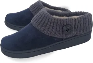 Clarks Womens Suede Leather Comfort Clog Knitted Collar Slipper - Plush Faux Fur Trim - Indoor Outdoor House Slippers For Women (Navy/Grey 6M)