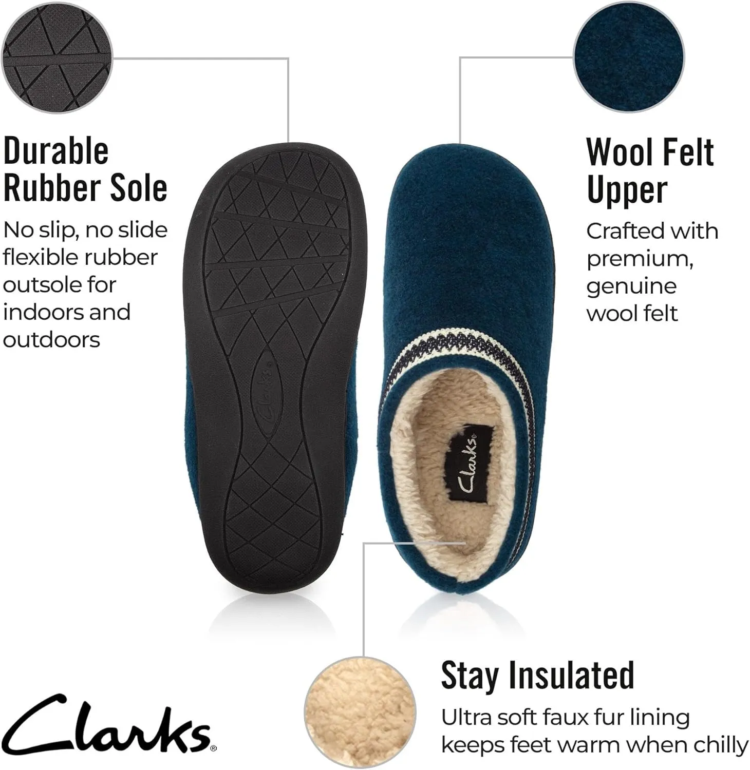Clarks Womens Wool Felt Clog Slippers JMH1319T - Warm Cozy Plush Faux Fur Lined - Indoor Outdoor House Slipper for Women