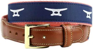 COUNTRY CLUB PREP Boat Cleat Leather Tab Belt in Navy on Soft Red Canvas