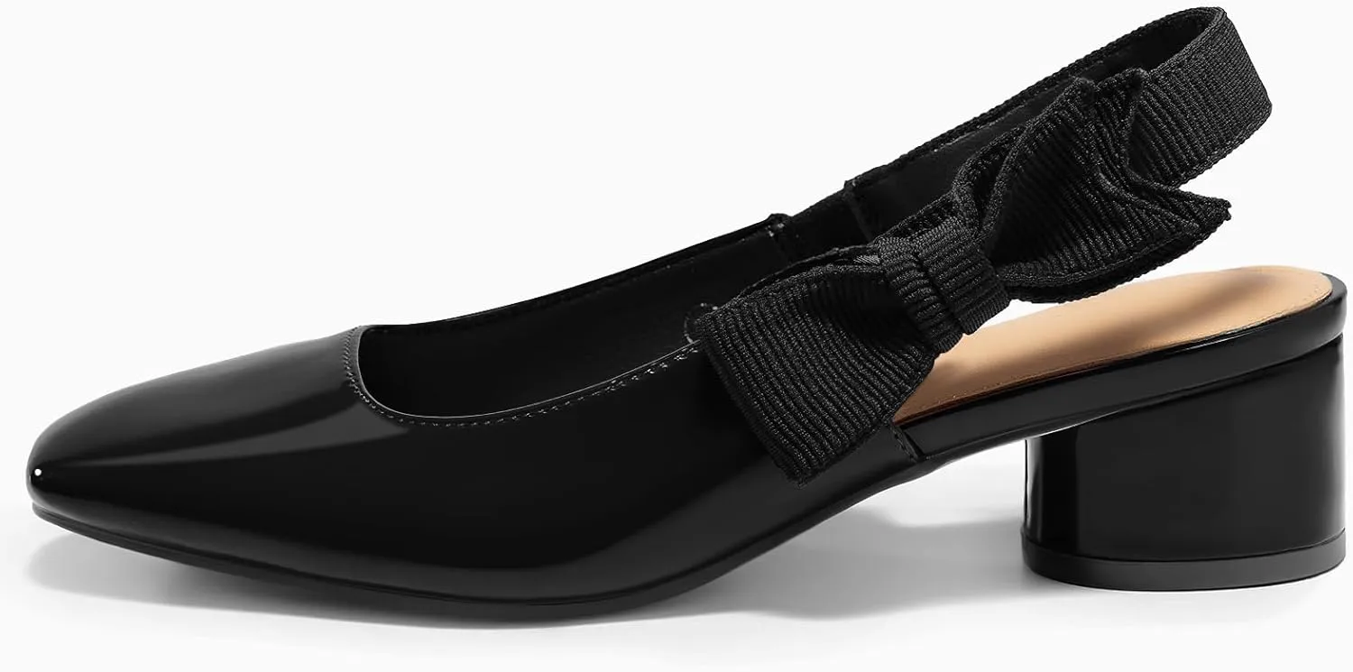 Coutgo Women's Low Block Heels Slingback Bow Closed Square Toe Slip On Work Pumps Dress Shoes