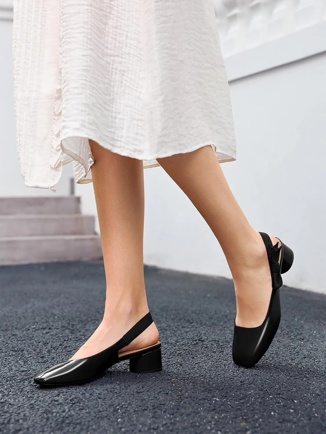 Coutgo Women's Low Block Heels Slingback Bow Closed Square Toe Slip On Work Pumps Dress Shoes