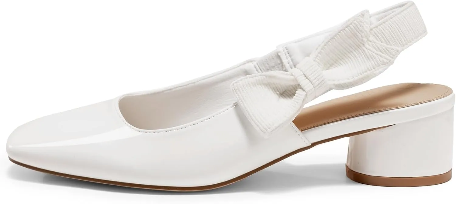 Coutgo Women's Low Block Heels Slingback Bow Closed Square Toe Slip On Work Pumps Dress Shoes