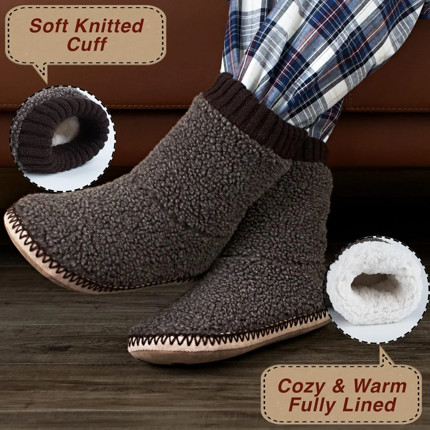 Cozy Boot Slippers for Men Indoor, Fuzzy House Shoes with Non Slip Gripper Soles, Soft Warm Moccasin Socks, Winter Gifts for Christmas Unique