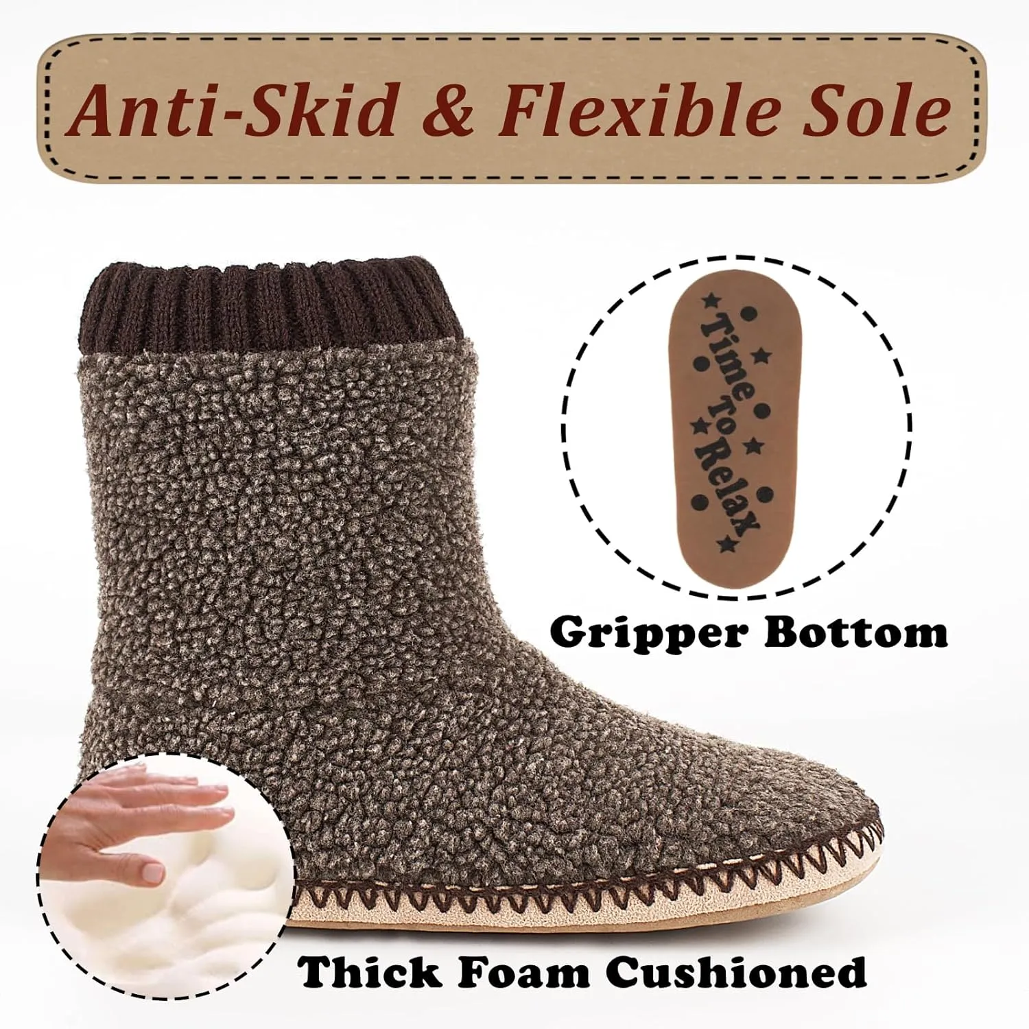 Cozy Boot Slippers for Men Indoor, Fuzzy House Shoes with Non Slip Gripper Soles, Soft Warm Moccasin Socks, Winter Gifts for Christmas Unique