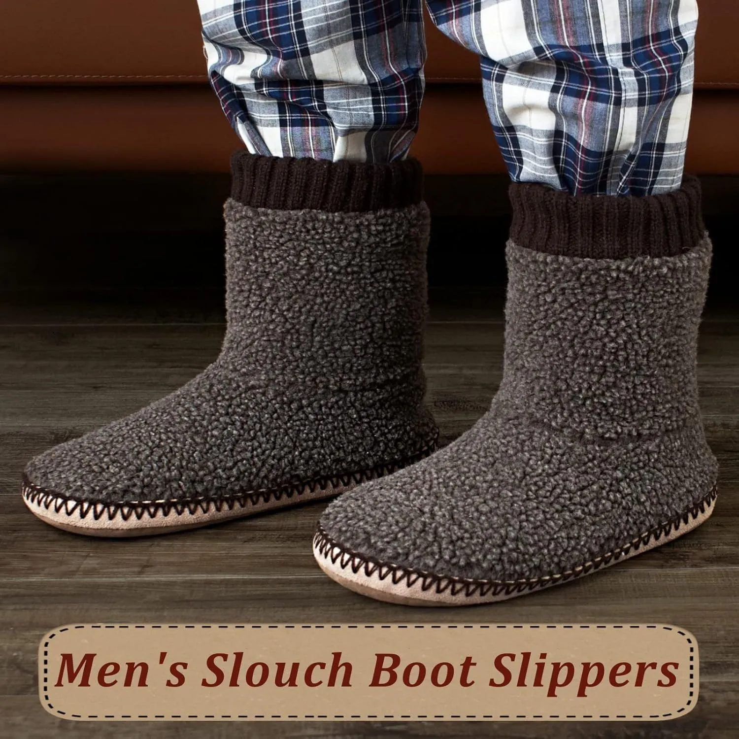 Cozy Boot Slippers for Men Indoor, Fuzzy House Shoes with Non Slip Gripper Soles, Soft Warm Moccasin Socks, Winter Gifts for Christmas Unique