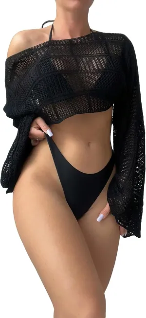 COZYEASE Women's Hollow Out Crop Bikini Cover Up Boat Neck Long Sleeve Crochet Sheer Swimsuit Cover Up