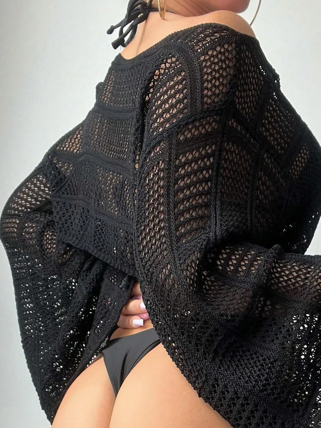 COZYEASE Women's Hollow Out Crop Bikini Cover Up Boat Neck Long Sleeve Crochet Sheer Swimsuit Cover Up